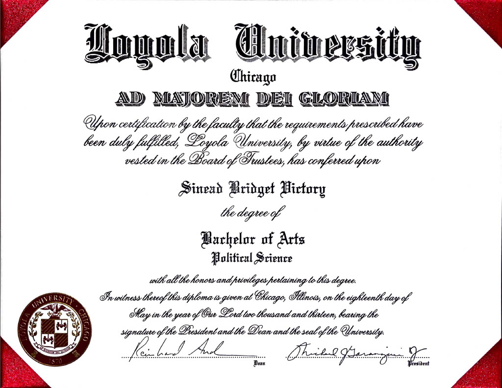 Diploma from Loyola University Chicago