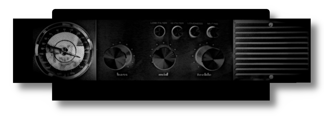 Stereo Equipment and dials shown in negative greyscale